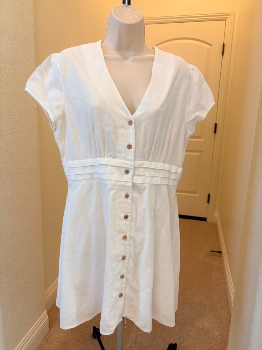 White Button-Front Mini Dress with Pleated Waist